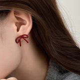 Daiiibabyyy  Ankela Red Bow Stud Earrings Autumn/Winter Retro Sweet Fashion Earrings Accessories for Girls Bride Earring Jewelry