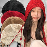 Daiiibabyyy  Korean Winter Wool Tassel Knitted Ear Protection Hat for Women Winter Warm Crochet Earmuffs Caps Girl Pullover Beanie Bonnet