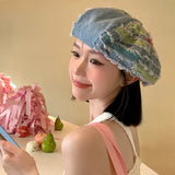 Daiiibabyyy Denim Washed Burr Edge Summer Spring Berets Ladies Women Girls Fashion Trendy Outdoor Street Cap