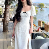 Daiiibabyyy  Aura French Style Square Collar Bow Midi Dress Summer Puff Sleeve Women's Clothing Stylish Jacquard Weave A-Line Lace Dresses