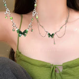 DAIIIBABYYY  -  Y2K Kpop Green Crystal Butterfly Tassel Choker Necklace for Women Korean Fashion INS Fairy Girls Metal Chain Necklace