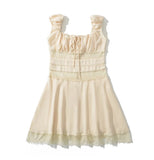 DAIIIBABYYY  -  Women's French Solid Color Fairy Chiffon Vest Dress Summer Square Neck Sleeveless Lace Mesh Patchwork Waist See-through Dresses