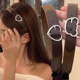 Daiiibabyyy  Fashion Coffee Brown Leather Buckle Hairband Hair Accessories Head Band for Women Spring Autumn Warm PU Leather Heart Headbands
