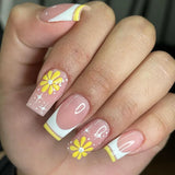 Daiiibabyyy  24pcs Yellow French Press on Fake Nails Tips Spring Summer Flower Mid-length Square Full Cover Nail Art Wearable Ins False Nail