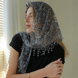 Daiiibabyyy  Simple Floral Printed Lace Triangle Scarf Embroidered Ethnic Style Lace Head Scarf for Women Lightweight Scarf Accessories