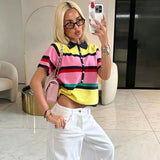 Daiiibabyyy  New Women's Knitted Blouse Summer Fashion Striped Young Women's Tops Chic Summer Unique Travel Holiday Polo Blouse Tops