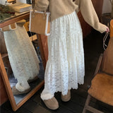 DAIIIBABYYY  -  Sweet Gentle Style Lace Plus Velvet Warm Skirts Women Autumn Winter High Waist Slimming Versatile A-line Long Temperament Skirt