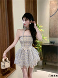 Daiiibabyyy  Princess Style Floral Lace Off-Shoulder Chiffon Dress Women's Summer Sleeveless Waist-Cinched Full Skirt Casual A-Line Dress
