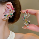 Daiiibabyyy  Shiny Zircon Long Chain Tassel Pendant Ear Clip for Women Luxury Flower Ear Needles Ear Clips Earrings Fashion Wedding Jewelry