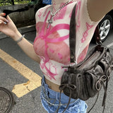 Daiiibabyyy  American Printed Graffiti Short Sleeved T-shirt Summer New Style Spicy Girl High Neck Slimming Design Pleated Top