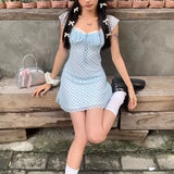 Daiiibabyyy  Hotsweet Blue Plaid Square Collar Mini Dress Women's Clothing Short Sleeve Summer Fashion Lace Spliced Drawstring A-Line Dresses