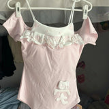 DAIIIBABYYY  -  Fake Two Pieces Kawaii Cartoon T-shirt Women Japanese Lace Patchwork Sweet Tops Summer Y2k Aesthetic Fairy Irregular Cute Tees