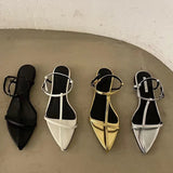 Daiiibabyyy 2024 New Brand Gold Women Sandal Fashion Narrow Band Flat Heel Ladies Gladiator Shoes Pointed Toe Ankle Buckle Zapatos Muje