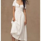 Daiiibabyyy  Holiday White Bow O neck Elastic Body Puff Sleeve Long Dress Women Slim Ruched Waist A-lined Swing Dresses Summer Robe Vestidos