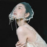 Daiiibabyyy  Vintage Pearls Beads Brides Veil Tassels White Wedding Veils Tulle Short Bride Head Gauze Headdress
