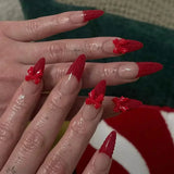 Daiiibabyyy  White Glitter Powder Bowknot Long Pointed Fake Nails Art Ballet False Nail Cow Print Pearl Rhinestone Pink Almond Press on Nails