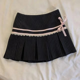 DAIIIBABYYY  -  Vintage Summer Women's Lolita New Spliced Button Zipper Stripe Lace Bow Fashion Slim Folds Elegant Casual Pleated Skirt