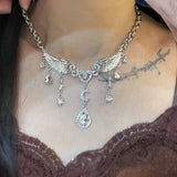 Daiiibabyyy  Silver-Color Crystal Wing Necklace for Women Luxury Delicate Moon Water Drop Pendant Necklace Temperament Romantic Accessories