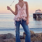 Daiiibabyyy  Y2k Cute Pink Ruffle Chiffon Cami Top Sexy V-neck Vest Tiered Flowy Sleeveless Blouse Summer New Casual Women's Clothing