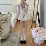 Daiiibabyyy  Summer Sweet Polka Dot Puff Sleeve Dresses Stylish Halter Female Clothing Square Collar French Style Bow Drawstring Mini Dress