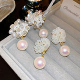 Daiiibabyyy -  Sweet 2 Designs White Color Crystal Simulated Pearl Miyuki Flower Long Drop Earrings for Women Statement Party Jewelry