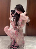 Daiiibabyyy  Vestidos De Mujer Summer Vintage Dress Women Clothing V Neck Printing Temperament Robe Femme Ruffled Bandage Mini Dresses
