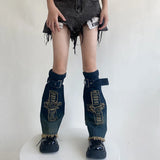 DAIIIBABYYY  -  Y2K Star Strap Denim Leg Warmers Punk Cross Harajuku Leg Covers Gothic Leg Socks Y2K Personalized Calf Socks Leg Boot Cuffs Sock