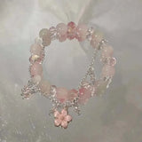 Daiiibabyyy  Korean Pink Crystal Flowers Butterfly Pendant Beaded Bracelet For Women Sweet Beaded Chain Bracelet Jewelry Gifts