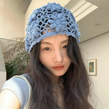 Daiiibabyyy  Women's Hats Y2k Caps Haze Blue Korean  Version Hand Crocheted And Hollowed Out Flower Shaped Cap Pile Pile Cap Sweet Cool Cap