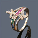 Daiiibabyyy  Small Square Stone Rainbow Zircon Double Butterfly Rings For Women Gold Silver Color Wedding Bands Engagement Party Jewelry Gift