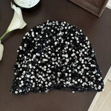 Daiiibabyyy  Retro Vintage Sequin Woven Cap Y2k Knit Sequin Bucket Hat Thin Hollow Beanie Hats Summer