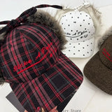 Daiiibabyyy  Earflap Baseball Hat for Girls Women Embroidery Furry Casual Hat for Sports Gym Mountain Camping Hat Outdoor Activity
