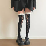 Daiiibabyyy  Shibuya Hot Girl Dark Lace Strap Over Knee Socks Cute Sweet Cool Style Thigh Mesh Socks Y2K Sexy Lolita JK Fishing Mesh Socks