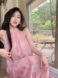 DAIIIBABYYY  -  Pink Tie Dye Beach Long Dress Women Elegant Casual Sleeveless Sweet Tanks Dress Casual Vintage Summer Lady Loose Long Dress