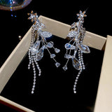 Daiiibabyyy  Inlaid Rhinestone Crystal Flowers and Leaves Tassel Ear Clips New Exquisite Earrings Light Luxury High-end Earrings for Women