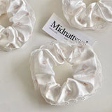 Daiiibabyyy  1PC Cute Bear Print Satin Scrunchies For Girls Lace Trim Hair Ties Soft Elastic Hair Accessories For Daily Wear