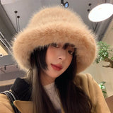 Daiiibabyyy  Big Fluffy Faux Fur Bucket Hat for Women Luxury Plush Fisherman Hat Warm Winter Hat Thicken Cold Snowy Day Panama Cap