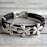 Daiiibabyyy  Vintage Silver Flower Beaded Black Leather Multi-layer Bangle Bohemian Couple Friends Lucky Bracelet Jewelry Gifts