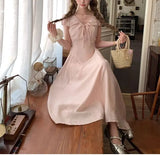 Daiiibabyyy  Women's Clothing French Style V-Neck Long Dress Stylish Drawstring Bow Summer Short Sleeve Vintage Elegant A-Line Waist Dresses