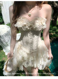Daiiibabyyy  Summer French Elegant Fashion Mini Tube Top Dress Women's Elastic Waist Backless Sexy Tulle Boned Dress High-end Evening Gown