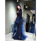 Daiiibabyyy  Halter Neck Slim Fit Long Blue Black Sequin Dress Birthday Party Coming-of-Age Ceremony Host Annual Meeting White Red Gown