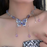 Daiiibabyyy  Purple Necklace for Women Crystal Butterfly Tassels Fashion Punk Style Jewelry Sweet Vintage Collares Para Mujer