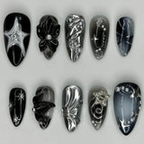Daiiibabyyy  24Pcs French White Gradient Almond Press on Nails Flower Pattern False Nails with 3D Rhinestone Design Fake Nail Art