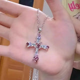 DAIIIBABYYY  -  Y2K Zircon Cross Necklace Pink Purple Love Heart Cross Pendant Necklaces for Women Gothic Jewelry Party Girls Accessories 2024