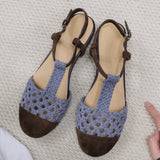 Daiiibabyyy  Comfort Round Toe Woven Hollow Flat Sandals for Women Splicing T-strap Buckle Roman Sandals Elegant Low Heel Party Dress Pumps