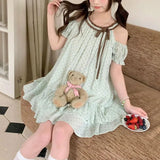 Daiiibabyyy  Summer Mint Green Polka Dot Layered Mini Dress Sweet Off Shoulder Female Clothing O-Neck Stylish Drawstring Bow A-Line Dresses