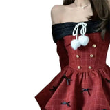 DAIIIBABYYY  -  Japan Year Sweet Christmas Dress Women Off Shoulder Sexy Bow Kawaii Dresses Famale Korean Fashion Plaid Casual Clothes Winter
