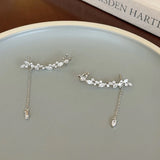 Daiiibabyyy  Shiny Zircon Long Chain Tassel Pendant Ear Clip for Women Luxury Flower Ear Needles Ear Clips Earrings Fashion Wedding Jewelry