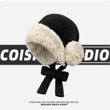 Daiiibabyyy  Korean Niche Lambs Wool Knitted Pullover Hat Thickened Warm Ear Protection Lace-up Winter Outdoor Riding Bomber Hats for Women's