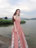 DAIIIBABYYY  -  Retro Red Plaid Holiday Long Dress Lace Patchwork Slash Neck Summer A Line Strap Dress Sleeveless Midi Beach Dress